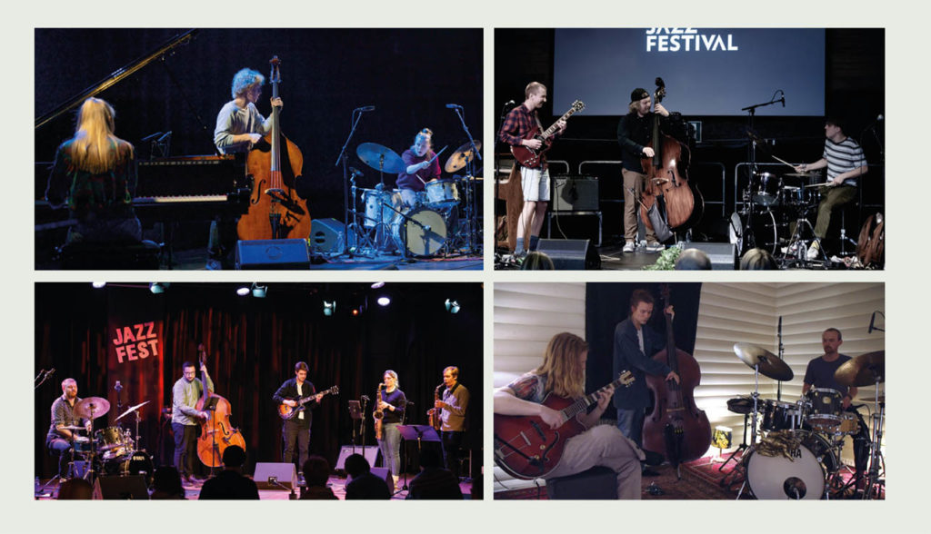 Jazzintro-finalistene, øverst fra venstre: Kongle Trio (foto: Thor Egil Leirtrø/Moldejazz), Damata (foto: Torill Bakke/Oslo Jazzfestival), Front!Front (foto: Thor Egil Leirtrø/Jazzfest) og Hein Westgaard Trio (skjermdump).